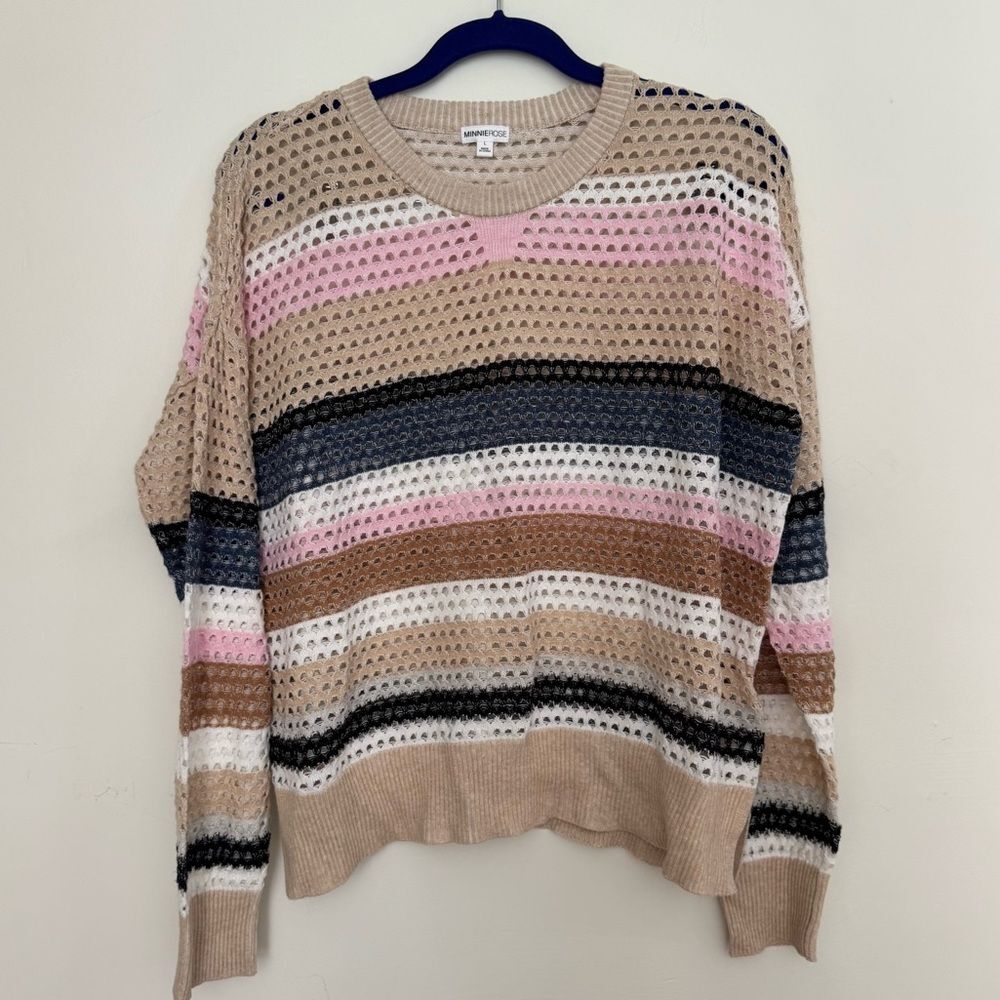 Minnie Rose cotton cashmere plaited mesh Striped Sweater